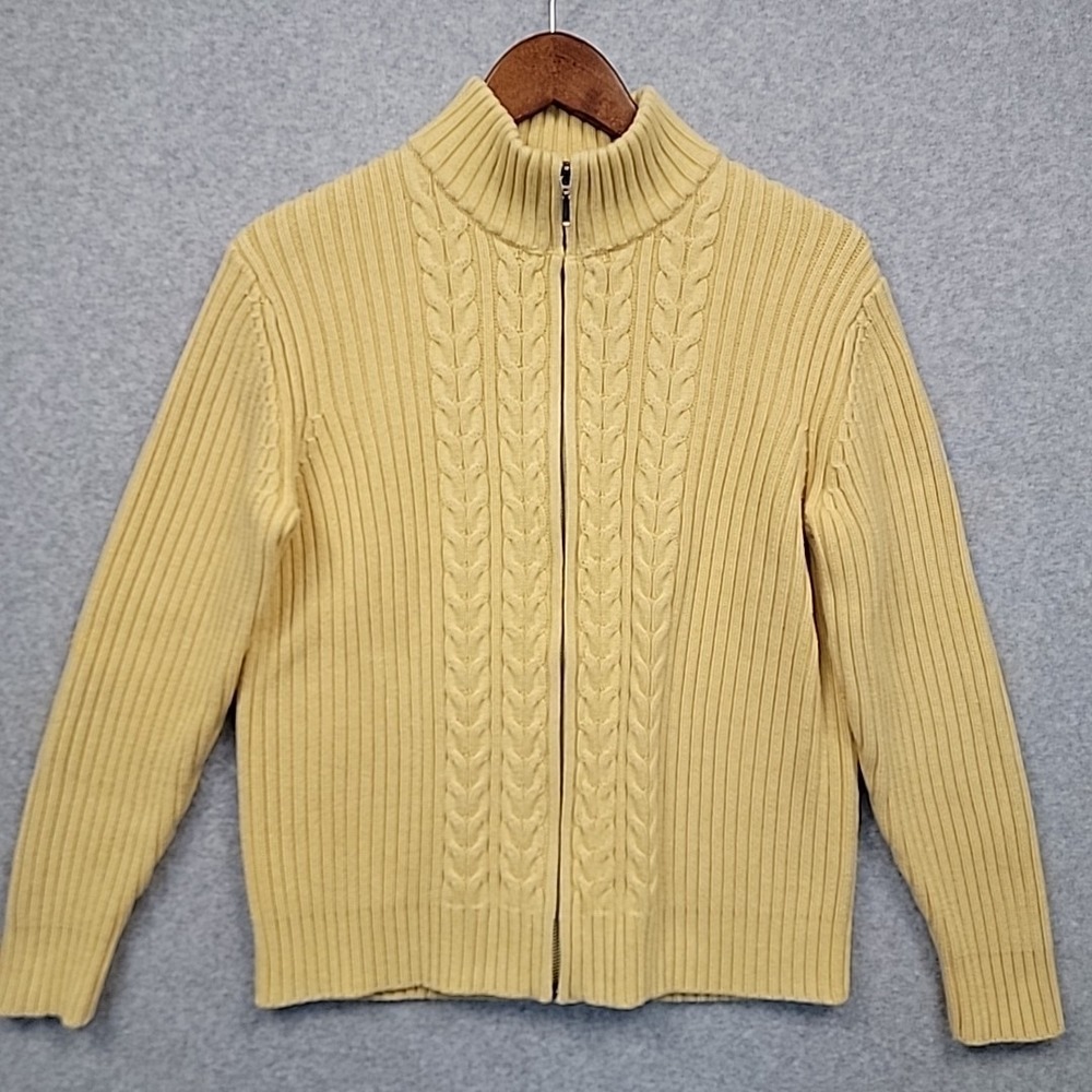 LANDS END Womens M Yellow Cable Knit Rib Full Zip Mock Cardigan Sweater Cotton